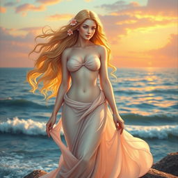 A breathtaking depiction of Aphrodite, the Greek goddess of love and beauty, standing gracefully beside the ocean