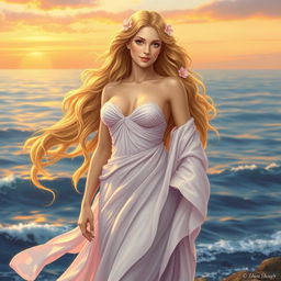 A breathtaking depiction of Aphrodite, the Greek goddess of love and beauty, standing gracefully beside the ocean