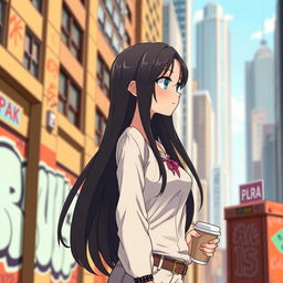 A feminine character with long flowing hair, wearing a stylish outfit that combines elegance and casual