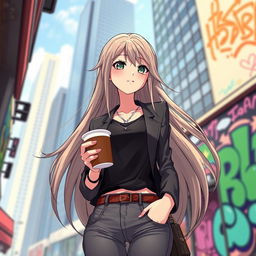 A feminine character with long flowing hair, wearing a stylish outfit that combines elegance and casual
