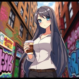A feminine character with long flowing hair, wearing a stylish outfit that combines elegance and casual