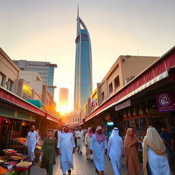 A vibrant street scene in Manama, Bahrain, showcasing the mix of modern architecture and traditional Arabian design
