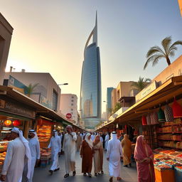 A vibrant street scene in Manama, Bahrain, showcasing the mix of modern architecture and traditional Arabian design