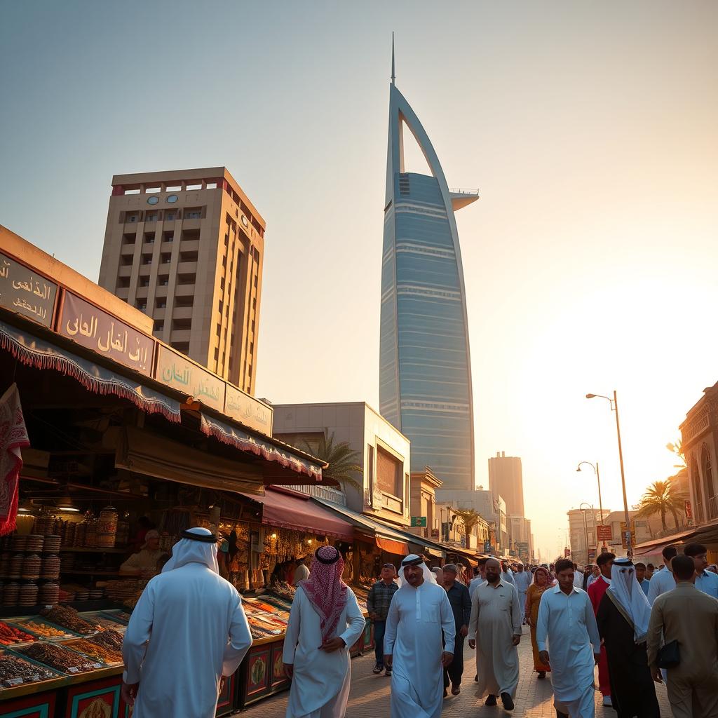 A vibrant street scene in Manama, Bahrain, showcasing the mix of modern architecture and traditional Arabian design