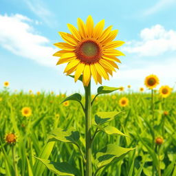 A vibrant and striking illustration of a yellow flower, specifically a beautiful sunflower, standing tall in a lush green field