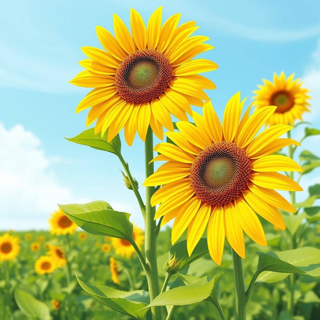 A vibrant and striking illustration of a yellow flower, specifically a beautiful sunflower, standing tall in a lush green field