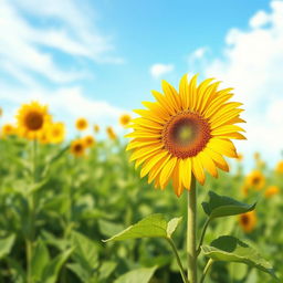 A vibrant and striking illustration of a yellow flower, specifically a beautiful sunflower, standing tall in a lush green field
