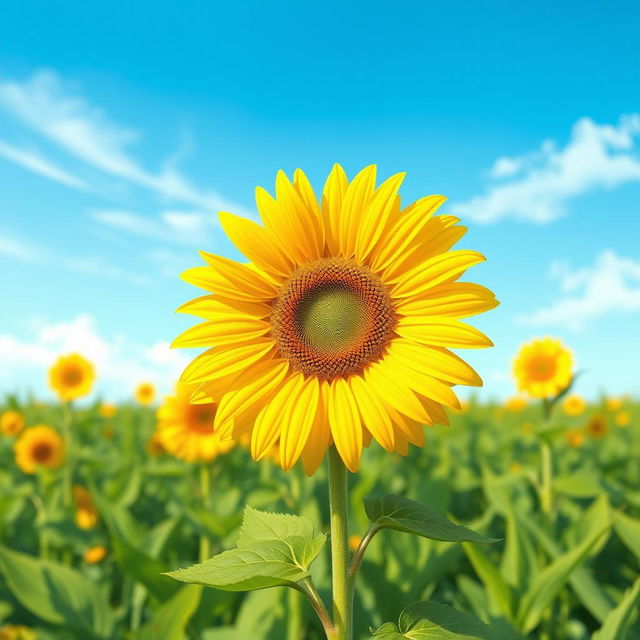 A vibrant and striking illustration of a yellow flower, specifically a beautiful sunflower, standing tall in a lush green field