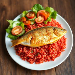 A plate of cooked red bulgur surrounded by a perfectly fried fish on top, with a colorful salad on the side