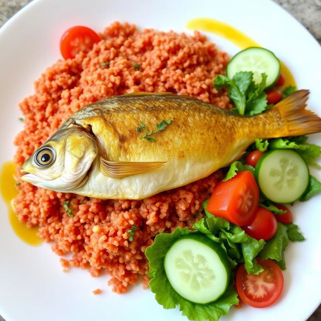 A plate of cooked red bulgur surrounded by a perfectly fried fish on top, with a colorful salad on the side