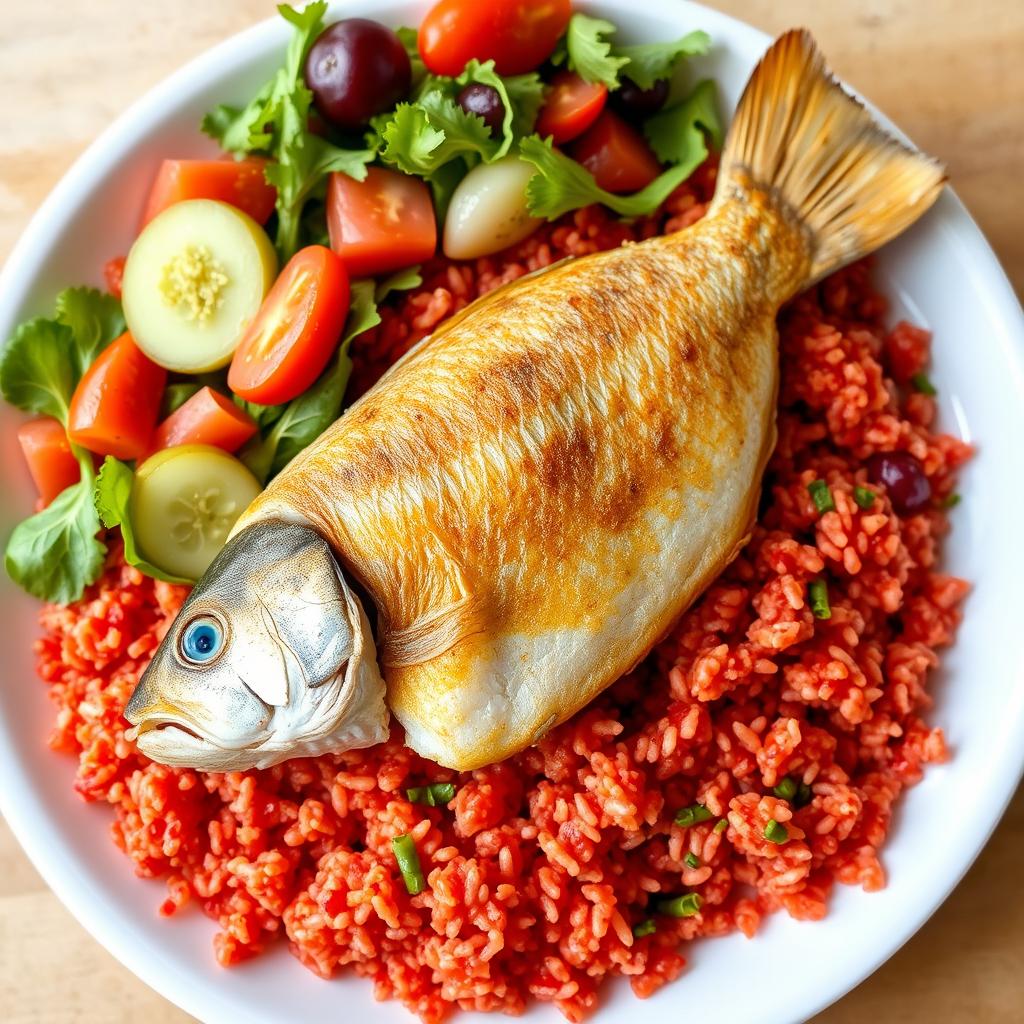 A plate of cooked red bulgur surrounded by a perfectly fried fish on top, with a colorful salad on the side