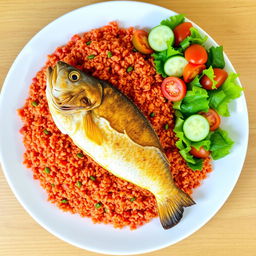 A plate of cooked red bulgur surrounded by a perfectly fried fish on top, with a colorful salad on the side