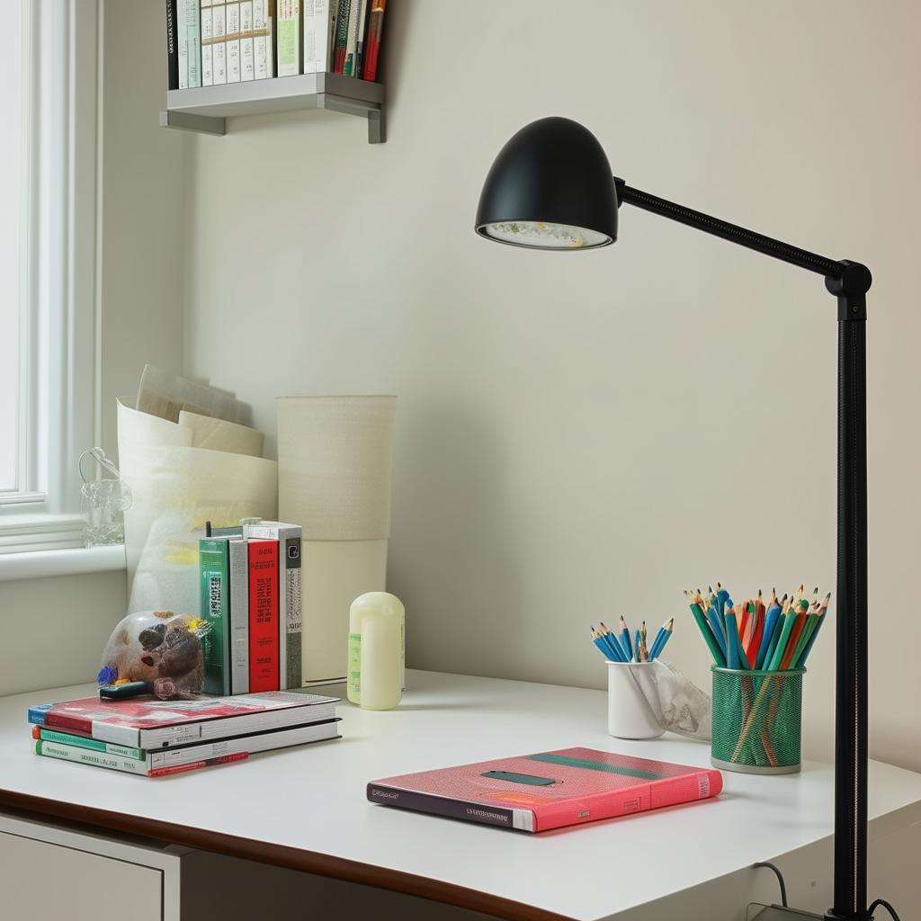 A well-organized study table featuring a lamp, a few books, stationery, and a laptop