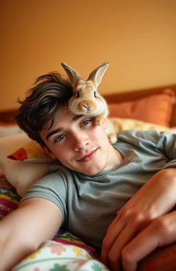 A young man lying on a bed with a cute rabbit perched on top of him