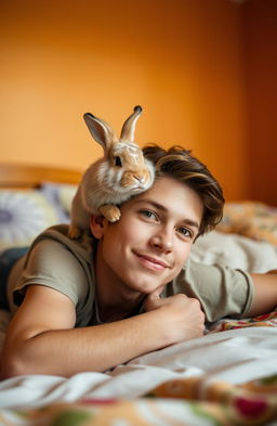 A young man lying on a bed with a cute rabbit perched on top of him