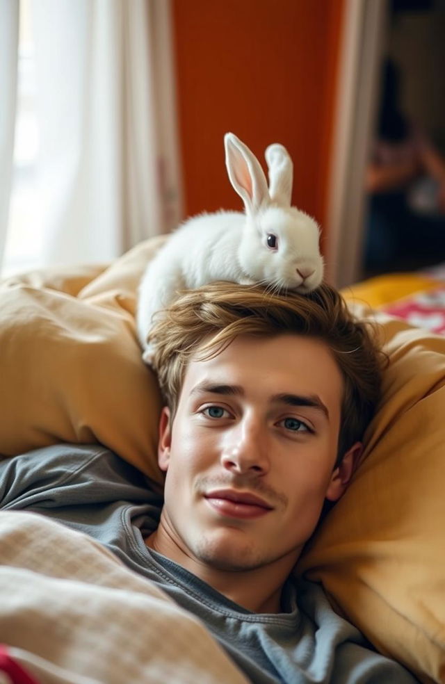 A young man lying on a bed with a cute rabbit perched on top of him