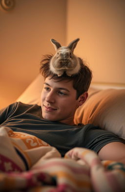 A young man lying on a bed with a cute rabbit perched on top of him