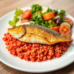 A beautifully arranged plate of cooked red bulgur topped with a perfectly fried fish, served with a fresh side salad