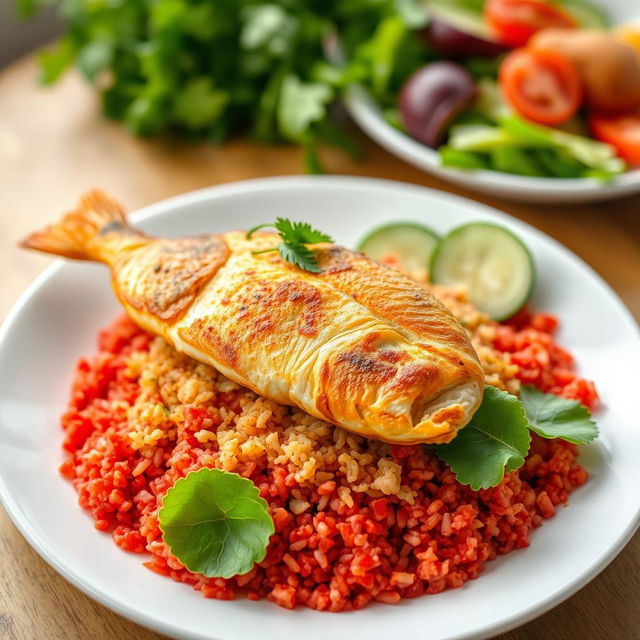 A beautifully arranged plate of cooked red bulgur topped with a perfectly fried fish, served with a fresh side salad