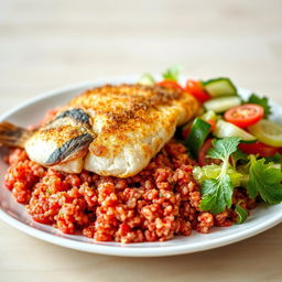A beautifully arranged plate of cooked red bulgur topped with a perfectly fried fish, served with a fresh side salad