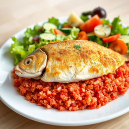 A beautifully arranged plate of cooked red bulgur topped with a perfectly fried fish, served with a fresh side salad