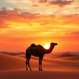 A stunning sunset over a tranquil desert landscape, featuring golden sand dunes and a vibrant sky filled with shades of orange, pink, and purple