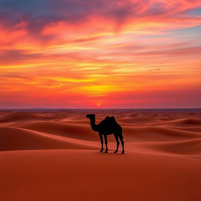 A stunning sunset over a tranquil desert landscape, featuring golden sand dunes and a vibrant sky filled with shades of orange, pink, and purple