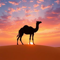 A stunning sunset over a tranquil desert landscape, featuring golden sand dunes and a vibrant sky filled with shades of orange, pink, and purple