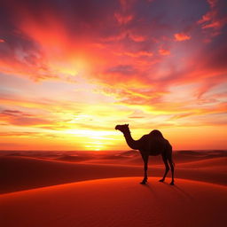 A stunning sunset over a tranquil desert landscape, featuring golden sand dunes and a vibrant sky filled with shades of orange, pink, and purple