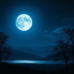 A captivating and artistically rendered moonlit scene, featuring a large, luminous full moon dominating a clear night sky