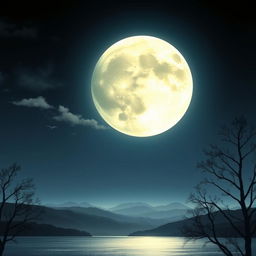 A captivating and artistically rendered moonlit scene, featuring a large, luminous full moon dominating a clear night sky