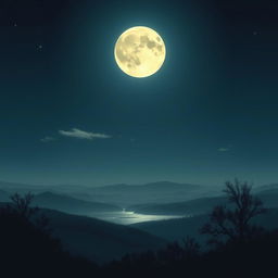 A captivating and artistically rendered moonlit scene, featuring a large, luminous full moon dominating a clear night sky