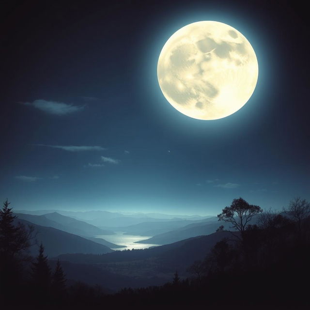 A captivating and artistically rendered moonlit scene, featuring a large, luminous full moon dominating a clear night sky