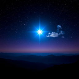 A breathtaking view of a glowing star in a night sky filled with countless twinkling stars, casting soft light on a serene landscape below