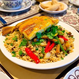 A beautifully plated dish of Burghul Sayadiyah, featuring finely roasted bulgur wheat cooked with fish, and garnished with fresh herbs like parsley and coriander
