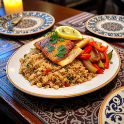 A beautifully plated dish of Burghul Sayadiyah, featuring finely roasted bulgur wheat cooked with fish, and garnished with fresh herbs like parsley and coriander