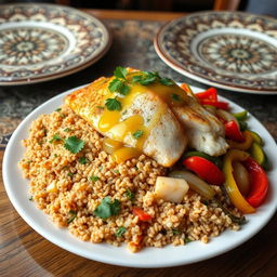 A beautifully plated dish of Burghul Sayadiyah, featuring finely roasted bulgur wheat cooked with fish, and garnished with fresh herbs like parsley and coriander
