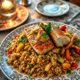 A beautifully plated dish of Burghul Sayadiyah, featuring finely roasted bulgur wheat cooked with fish, and garnished with fresh herbs like parsley and coriander