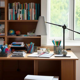 A well-organized study table featuring a lamp, a few books, stationery, and a laptop