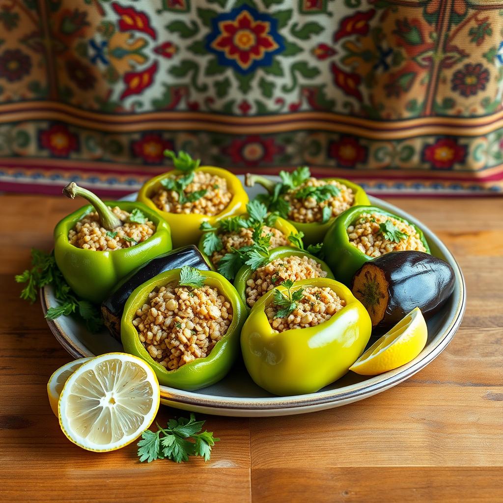 A beautifully presented dish of stuffed vegetables, featuring vibrant green peppers, zucchini, and eggplant filled with spiced bulgur wheat, garnished with fresh herbs like parsley and mint