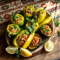 A beautifully presented dish of stuffed vegetables, featuring vibrant green peppers, zucchini, and eggplant filled with spiced bulgur wheat, garnished with fresh herbs like parsley and mint