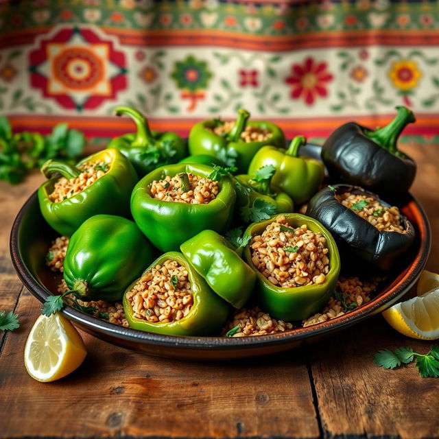 A beautifully presented dish of stuffed vegetables, featuring vibrant green peppers, zucchini, and eggplant filled with spiced bulgur wheat, garnished with fresh herbs like parsley and mint