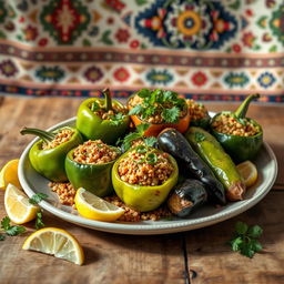 A beautifully presented dish of stuffed vegetables, featuring vibrant green peppers, zucchini, and eggplant filled with spiced bulgur wheat, garnished with fresh herbs like parsley and mint