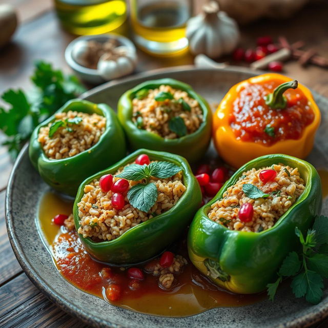 Delicious stuffed vegetables, specifically bell peppers and zucchini, filled with spiced bulgur wheat, fresh herbs like parsley and mint, alongside a rich tomato sauce