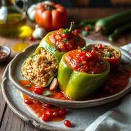 Delicious stuffed vegetables, specifically bell peppers and zucchini, filled with spiced bulgur wheat, fresh herbs like parsley and mint, alongside a rich tomato sauce