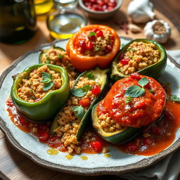 Delicious stuffed vegetables, specifically bell peppers and zucchini, filled with spiced bulgur wheat, fresh herbs like parsley and mint, alongside a rich tomato sauce