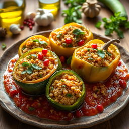 Delicious stuffed vegetables, specifically bell peppers and zucchini, filled with spiced bulgur wheat, fresh herbs like parsley and mint, alongside a rich tomato sauce