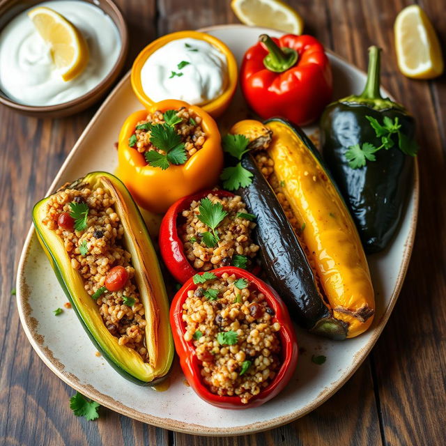 A colorful plate of stuffed vegetables, known as Mahshi, featuring bell peppers, zucchini, and eggplant filled with a savory bulgur wheat mix, garnished with fresh parsley and a drizzle of olive oil