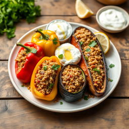 A colorful plate of stuffed vegetables, known as Mahshi, featuring bell peppers, zucchini, and eggplant filled with a savory bulgur wheat mix, garnished with fresh parsley and a drizzle of olive oil
