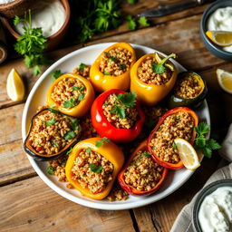 A colorful plate of stuffed vegetables, known as Mahshi, featuring bell peppers, zucchini, and eggplant filled with a savory bulgur wheat mix, garnished with fresh parsley and a drizzle of olive oil